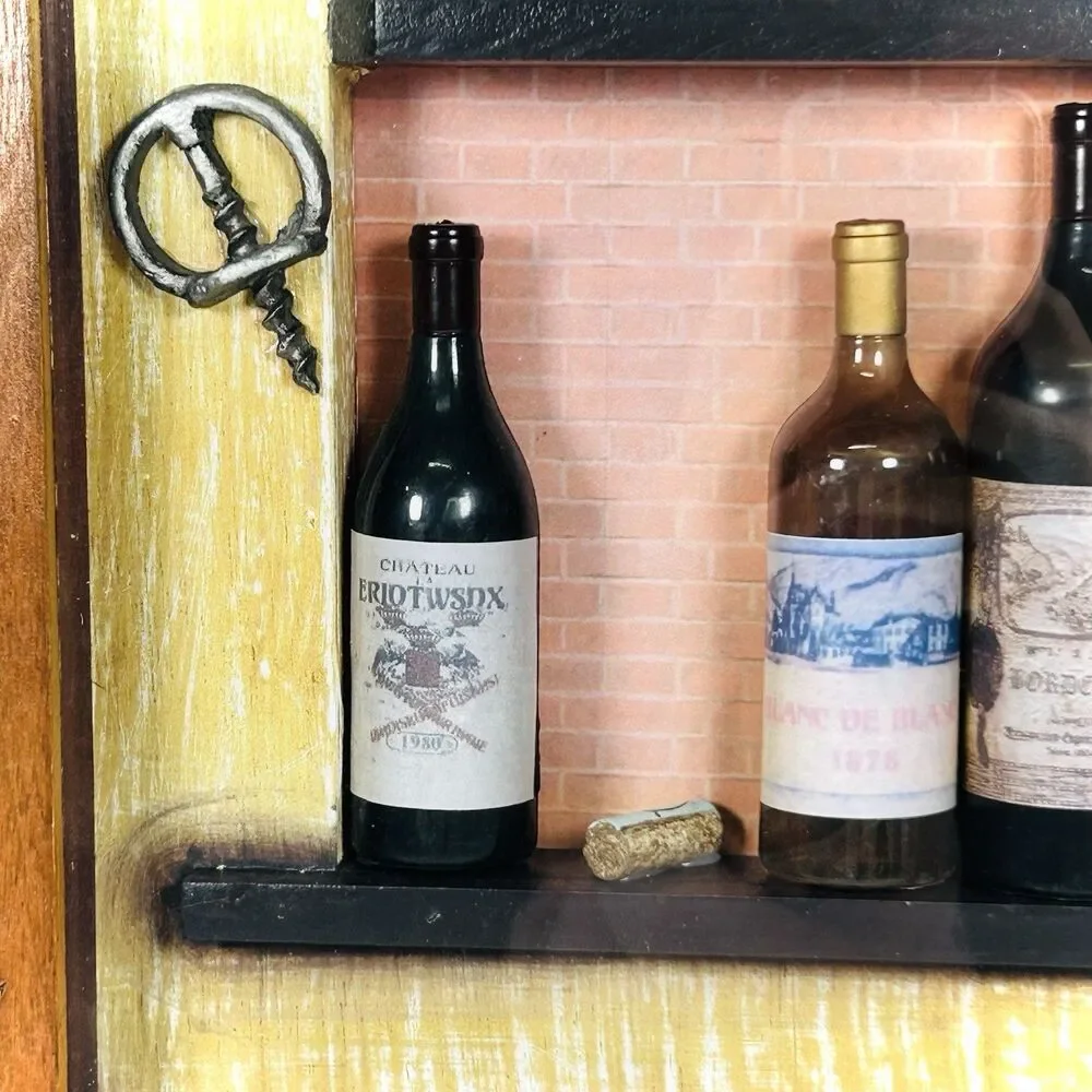 Vintage 3D Wood & Glass Shadow Box Picture Diorama Wine Bottles/Openers Shelves